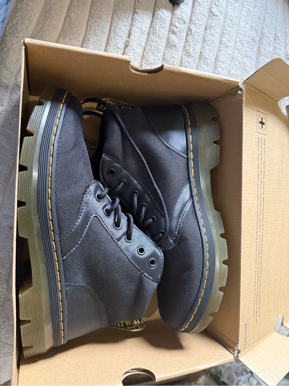 Dr. Martens Black Canvas Lug-Sole Boots with Yellow Stitching